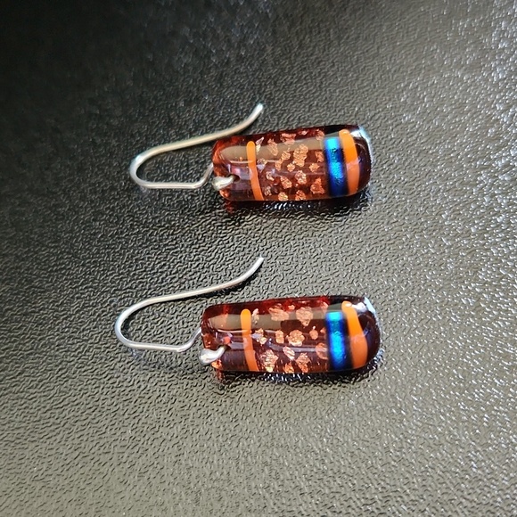 Glass rectangular drop earrings amber blue - Picture 2 of 3